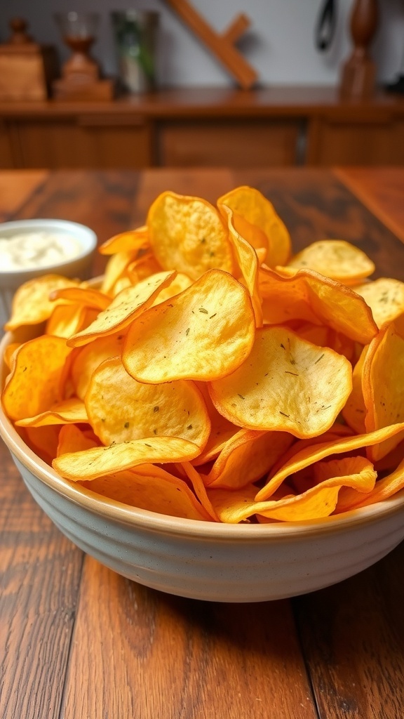 A bowl of crispy potato chips on a wooden table with a small dish of dip.